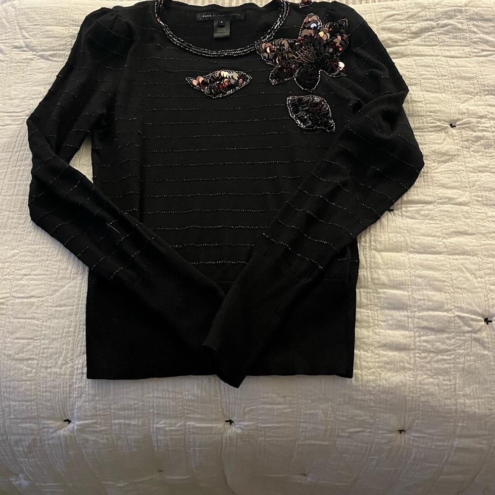 Marc By Marc Jacobs Black Sweater with Copper Metallic Flower Beaded Detail